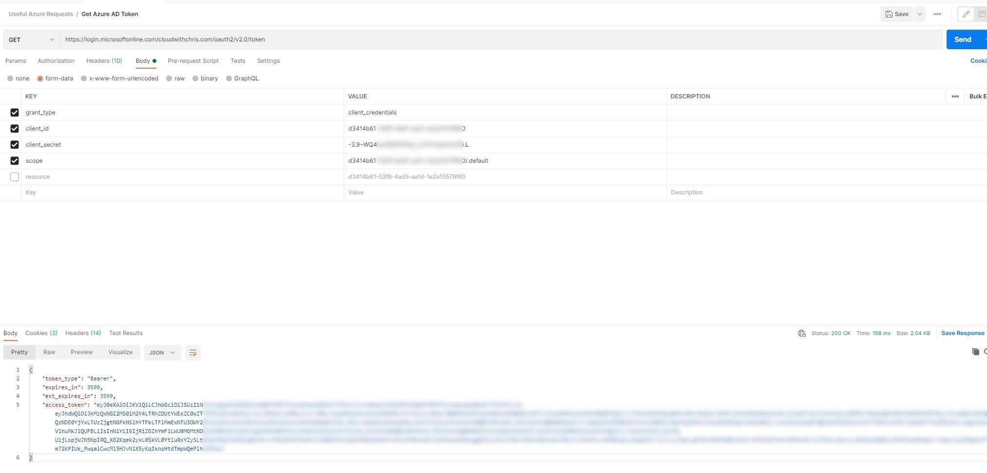 Screenshot showing Postman sending a request to Azure Active Directory for an authentication token