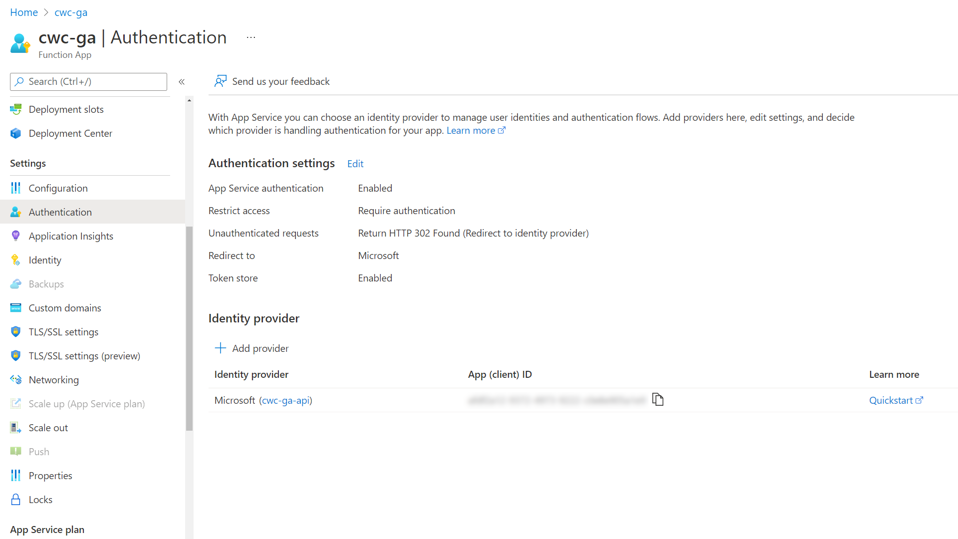 Screenshot showing the Azure Function with an identity provider configured